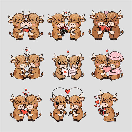 Set of cute cartoon cows in love. Vector illustration isolated on gray background.のイラスト素材