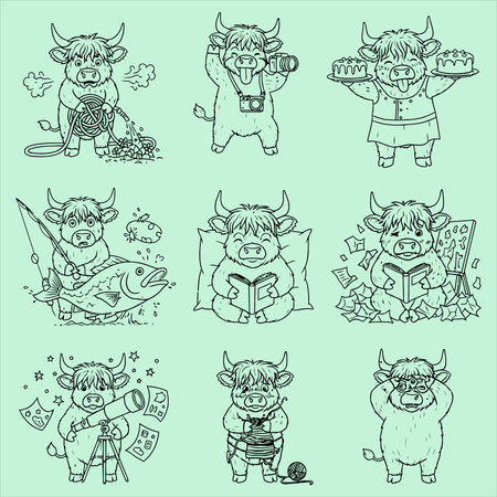 Set of cute cartoon bull, cow, cow, cow, bull, cow, cow, cow, cow, cow, cow, cow, cow, cow, cow, cow, cow, cow, cow, cow, cow, cow, cow, cow, cow, cow, cow, bull, cow, cowのイラスト素材