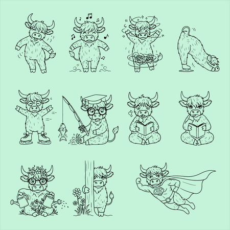 set of cute cartoon animals. bull, cow, buffalo, cow, cow, cow, cowのイラスト素材