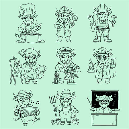 cartoon illustration of a farm worker in various poses and situations.のイラスト素材