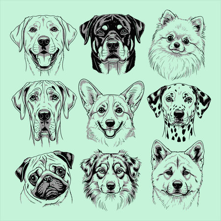 set of vector portraits of different breeds of dogs on a green backgroundのイラスト素材