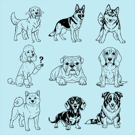 set of dogs, vector illustration in sketch style, isolated on blue backgroundのイラスト素材