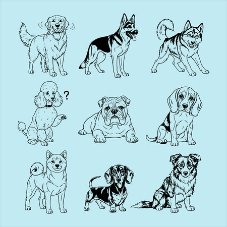 Vector set of hand drawn dogs isolated on blue background. Vector illustration.のイラスト素材