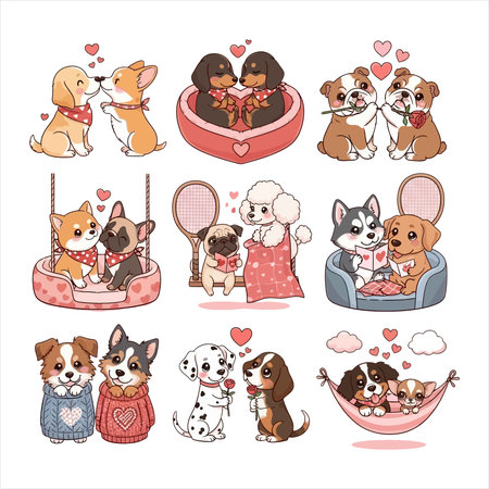 Set of cute cartoon dogs in love. Vector illustration isolated on white background.のイラスト素材