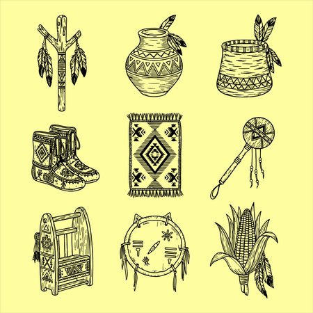 Hand drawn indian elements set. Vector illustration in sketch style.のイラスト素材