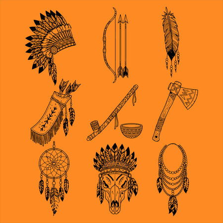 Native american indian symbols. Vector set of doodle hand drawn indian elementsのイラスト素材