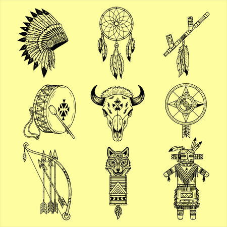 Set of tribal indian symbols. Boho style. Vector illustrationのイラスト素材