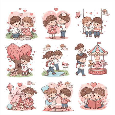 Illustration of Cute Kid Boy and Girl in Different Posesのイラスト素材