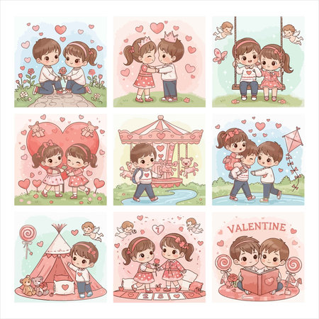 Cute cartoon children with love in the park. Vector illustration.のイラスト素材