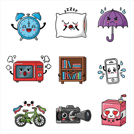 Cute cartoon doodle icons set. Hand drawn vector illustration.のイラスト素材