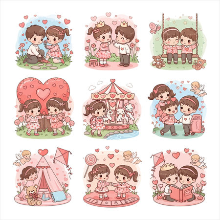 Valentine's day set with cute cartoon kids. Vector illustrationのイラスト素材