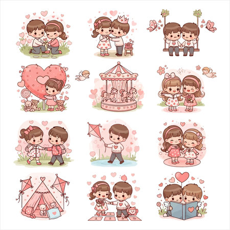 Cute cartoon girl and boy in love. Vector illustration set.のイラスト素材