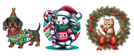 Christmas and New Year set of cartoon animals with christmas wreaths and ribbonsのイラスト素材