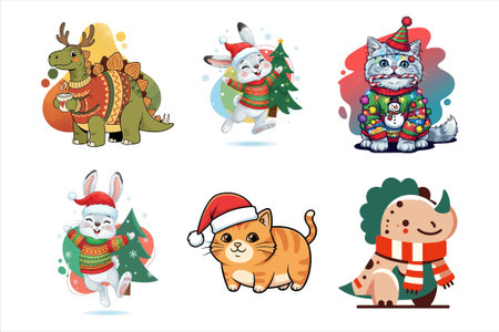 Cute cartoon animals characters with christmas ornaments. Vector illustration.のイラスト素材