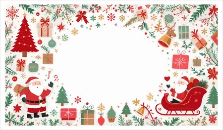 Christmas background with Santa Claus, Christmas tree, gift boxes, snowflakes and ornamentsのイラスト素材