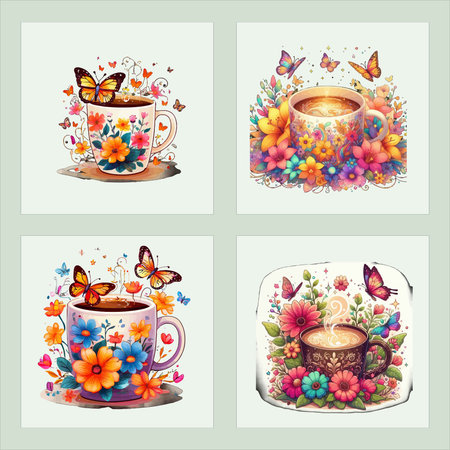 Four charming illustrations depict cozy mugs brimming with warm beverages, each enveloped by a vibrant array of colorful flowers and graceful butterflies. Rendered in a whimsical, watercolor-like style, these designs evoke feelings of joy, spring, and serene comfort. Ideal for adding a cheerful, natural touch to greeting cards, invitations, home decor, and digital projects. Perfect for themes of relaxation, morning rituals, and the beauty of blooming nature, offering a delightful and artistic visual experience.のイラスト素材