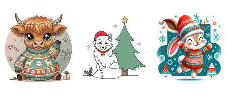 Cute cartoon bull and bear in Christmas sweaters. Vector illustration.のイラスト素材