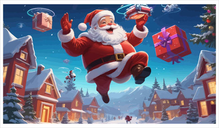 Santa Claus flying with presents in his hands in winter village. Vector illustrationのイラスト素材