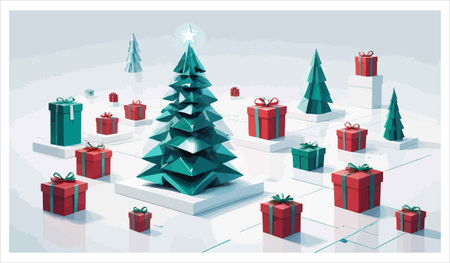 Christmas tree with gift boxes and snowflakes. Vector illustration.のイラスト素材