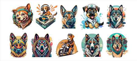 Set of vector illustrations of dogs with different facial expressions. Can be used for t-shirt...