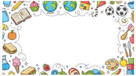 Vibrant border illustration of school supplies and food for kids, perfect for educational materials, classroom decor, or children's projects. This lively design features a mix of icons and objects that inspire learning and creativity.のイラスト素材