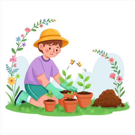 Gardening concept. Cute boy planting flowers in pots. Vector illustration.のイラスト素材