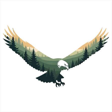 A stunning illustration of an eagle in flight, set against a breathtaking backdrop of trees, mountains, and a serene natural landscape. This majestic scene evokes feelings of freedom, wilderness, and the beauty of the great outdoors. Perfect for projects requiring a symbol of power, inspiration, or environmental themes.のイラスト素材
