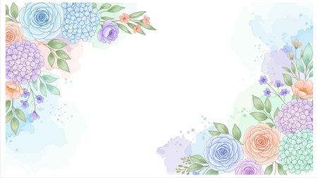 Floral background with roses, peony, hydrangea and leavesのイラスト素材