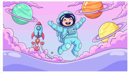 A cheerful astronaut in a light blue suit floats joyfully amidst vibrant planets and clouds, with a rocket ship launching hearts into the sky. This whimsical scene captures the excitement and wonder of space exploration and adventure.のイラスト素材