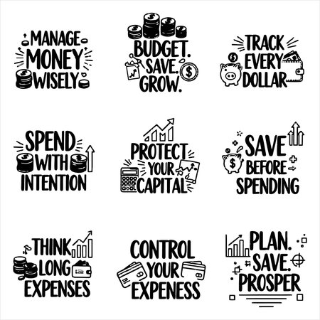 Vector set of hand drawn lettering quotes about money and finance.のイラスト素材