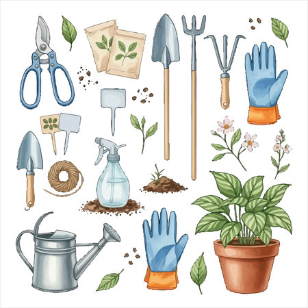Gardening tools and plants set. Vector hand drawn illustration.のイラスト素材