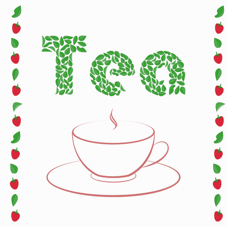 The cup of tea. Strawberries and leaves.のイラスト素材