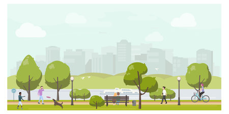 Public city park landscape flat illustration. Stock vector. People relaxing in city park, walking, playing with dog, riding bicycle.のイラスト素材