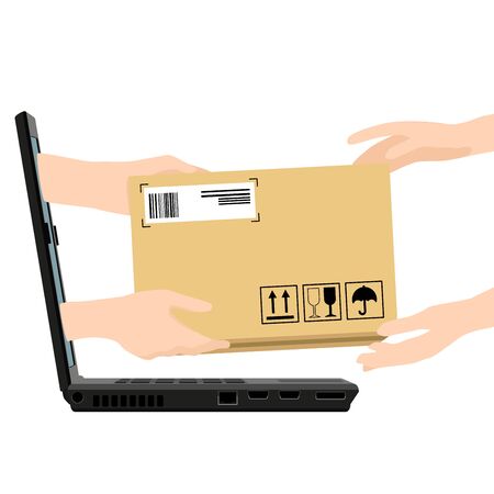Concept for delivery service, online shopping, receiving package. Vector illustration. Hands of courier with parcel appeared from laptop and customers hands.のイラスト素材