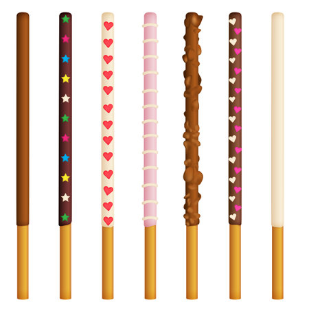 Vector illustration of chocolate dipped cookie sticks on white background. Decorated white and brown chocolate snacks.のイラスト素材