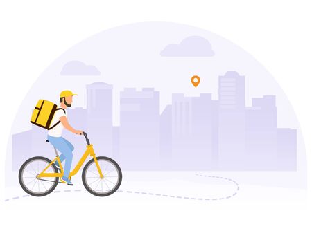 Food delivery vector illustration. Courier man on bicycle with yellow parcel box on the back. Route with dash line traceのイラスト素材