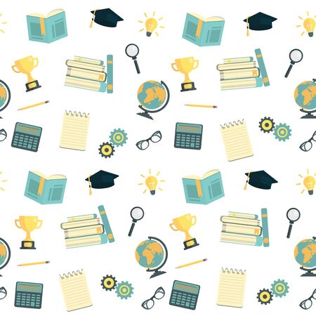 Seamless pattern with various education elements in flat style. Stock vector illustration.のイラスト素材