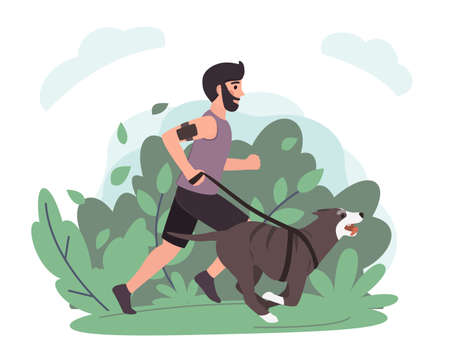 Young man running with dog in park. Stock vector. Sport and activity with dogs, healthy lifestyle.のイラスト素材
