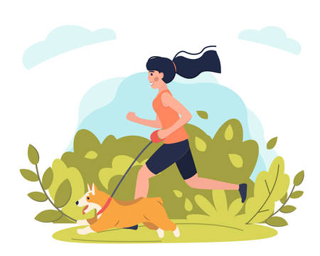 Young girl running with dog in park. Stock vector. Sport and activity with dogs, healthy lifestyle.のイラスト素材