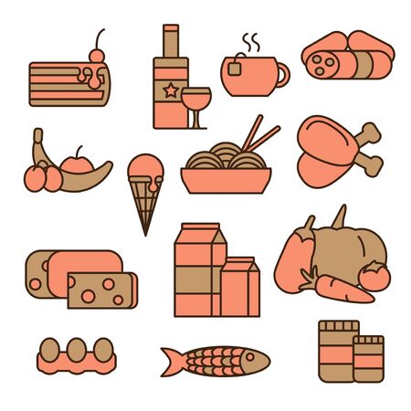 Colored food icons set. Stock vector. Isolated on white background.Meat, cake, fruits, vegetables, drinks,cheese.のイラスト素材