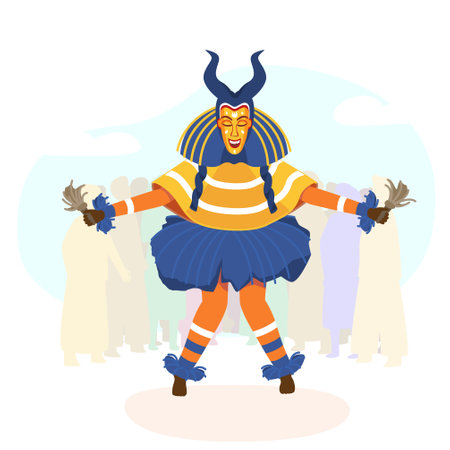African zaouli mask dancer. Vector illustration of ethnic tribal dancer with mask.のイラスト素材