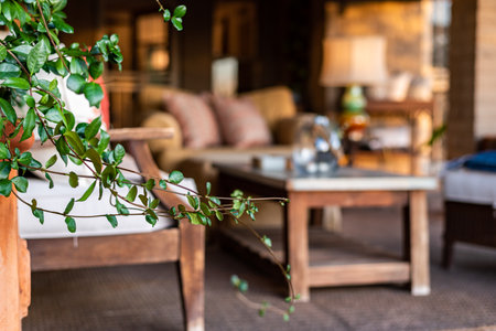 Wooden chair and table in cafe, vintage style, soft focusの写真素材