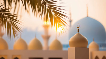 Close up view of mosque and palm tree at sunset. Ramadan Kareem backgroundの素材