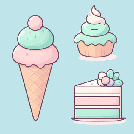 Cute cartoon ice cream icon set. Vector illustration of sweet dessert.のイラスト素材