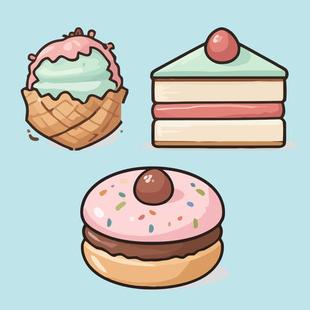 Vector illustration of a set of different types of cakes and pastries.
