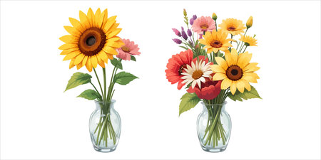 Bouquet of sunflowers in glass vase isolated on white background.のイラスト素材