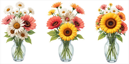 Bouquet of daisies and gerberas in a glass vaseのイラスト素材