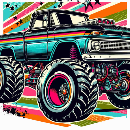Vintage monster truck on colorful grunge background. Vector illustration.のイラスト素材