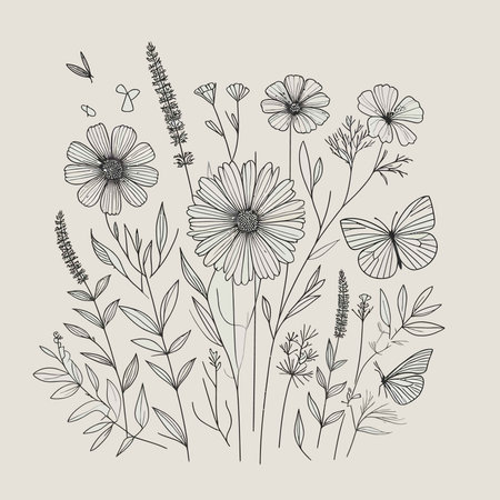 Vector set of hand drawn meadow flowers. Black and white illustration.のイラスト素材