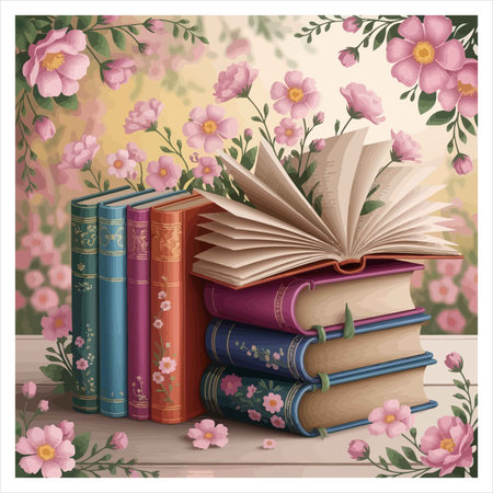 Vintage books with flowers on the wooden table. Vector illustration.のイラスト素材